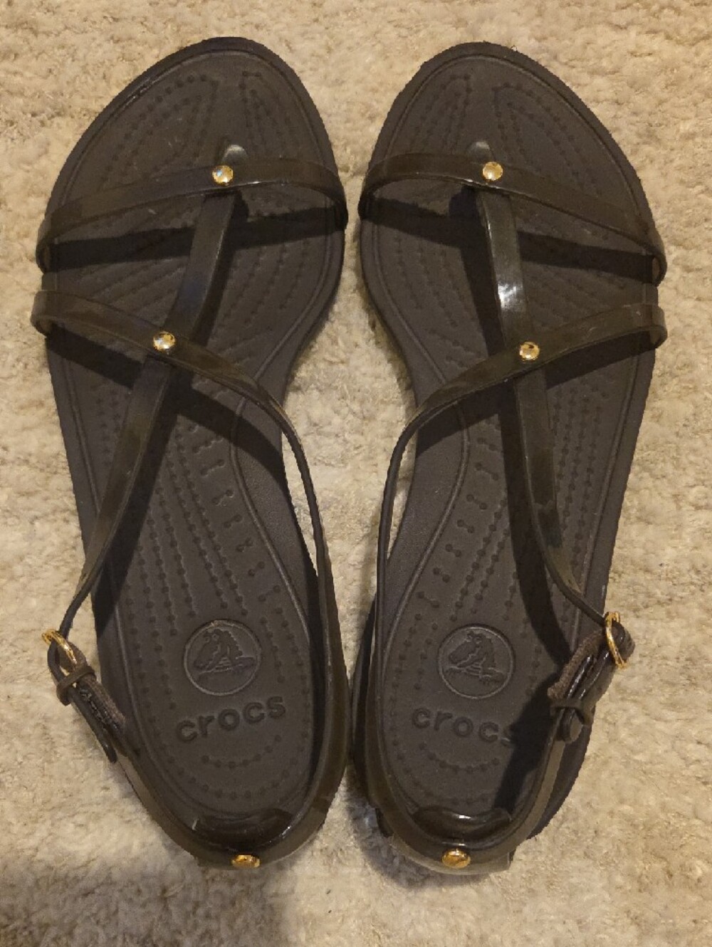 CROCS Black Strappy Slingback Sandals with Gold Studs - Picture 5 of 7